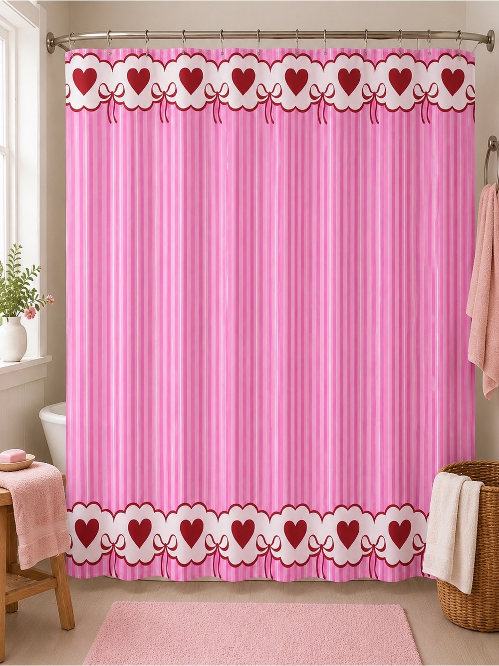 Cottage Core Pink Stripe Heart Bow Shower Curtain 72x72 NWT